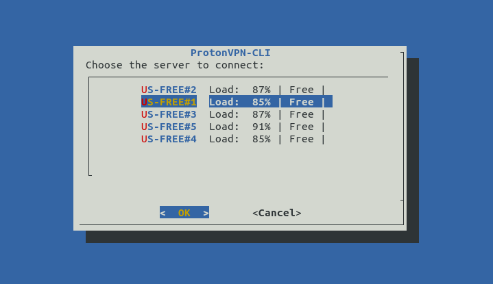 Выбор сервера подключения в выбранной стране в конфигураторе protonvpn