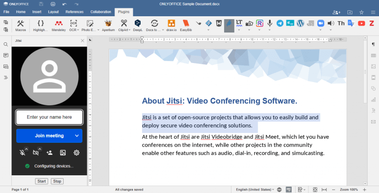jitsi free video conferencing - Top 5 Open Source Plugins for ONLYOFFICE Docs