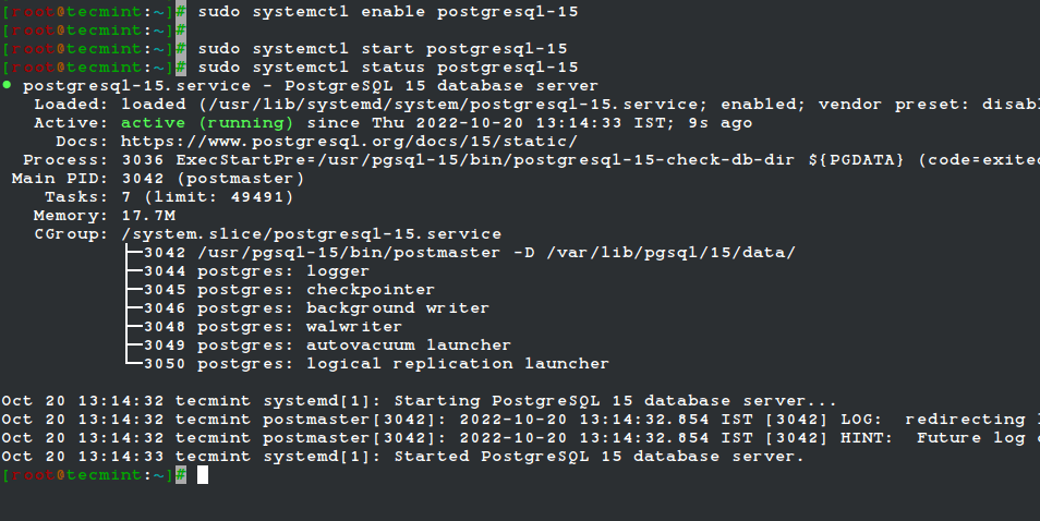 check postgresql 15 status - How to install PostgreSQL 15 on Rocky Linux and AlmaLinux