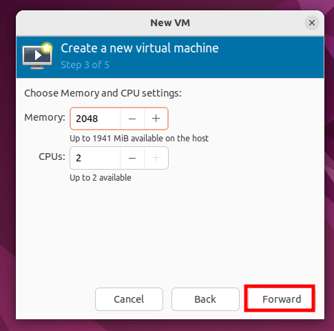 choose vm memory and cpu settings - How to install and configure QEMU/KVM on Ubuntu 20.04/22.04