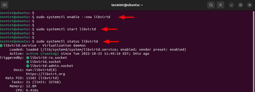 start libvirtd virtualization service - How to install and configure QEMU/KVM on Ubuntu 20.04/22.04